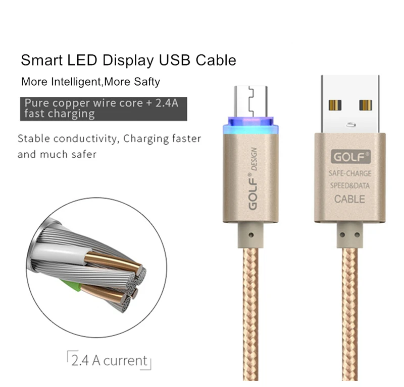 Светодиодный светильник для гольфа, Micro usb кабель для зарядки samsung S6 S7, быстрое зарядное устройство, Android телефон, кабель для синхронизации данных для huawei mate 7 8