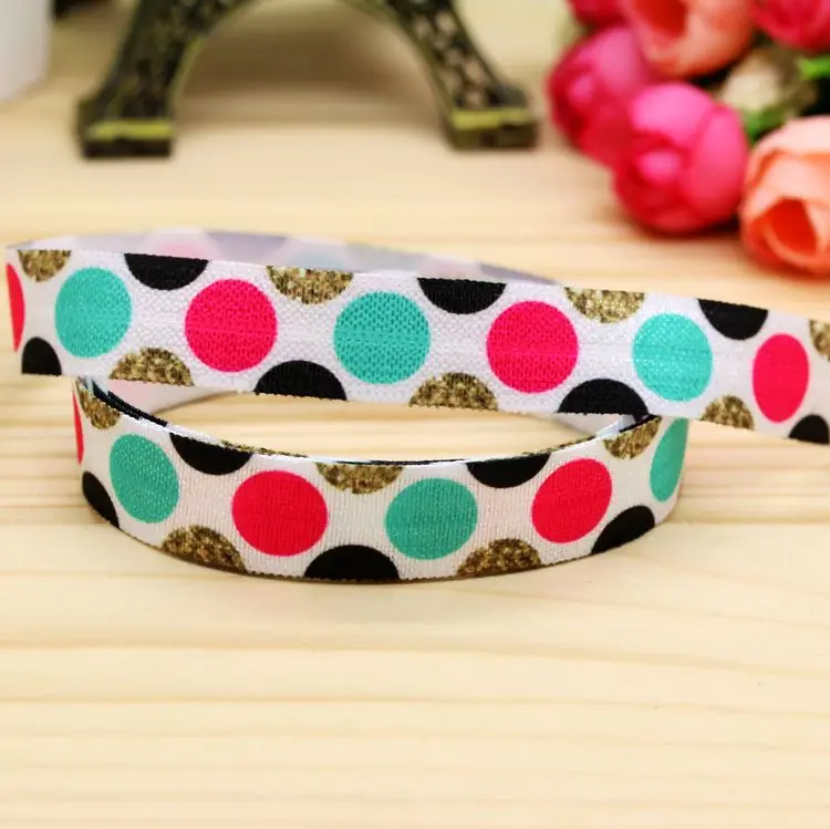 

5/8'' Free shipping Fold Elastic polka dots love gold printed headband headwear hairband diy decoration wholesale OEM H5143