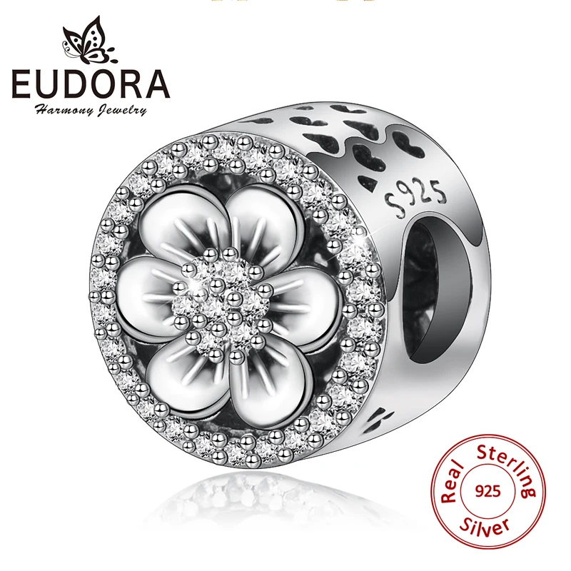 

Eudora DIY Silver Charm Fit Original Bracelet Beads 925 Sterling Silver CZ Peach blossom Flower Bead Jewelry for Women CYZ112