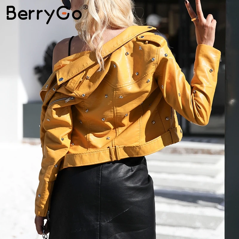 Куртка BerryGo Женская из искусственной кожи с заклепками на молнии|faux leather coat|leather