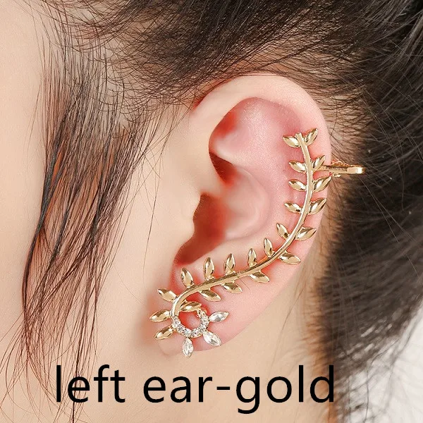 left ear gold Новые креативные сережки в форме листа, s-образные сережки, инкрустированные хрустальными цветами, Сережки для ушей,, ювелирные изделия в виде листьев, Женские уникальные серьги-клипсы - Окраска металла: left ear gold