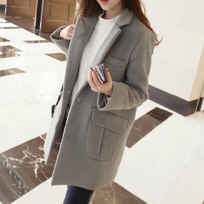 

Korean New Thin Wool Blend Coat Women Long Sleeve Turn-down Collar Outwear Jacket Casual Autumn Winter gray Elegant Overcoat