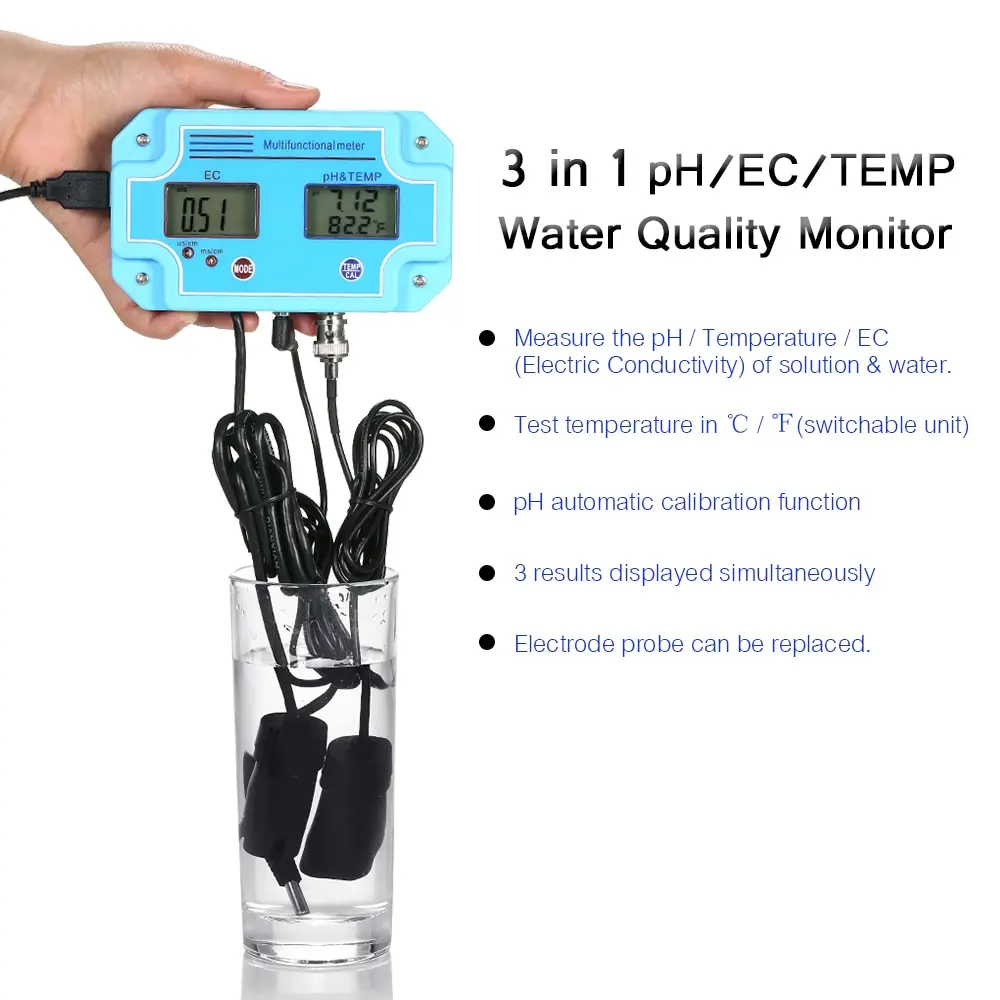 

New Digital 3 in 1 Water Quality Monitor Detector with EC Electrode pH/EC/TEMP Meter LCD Tri-Meter Multi-function Tester