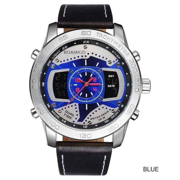 blue Мужские спортивные часы BOAMIGO Топ люксовый бренд Мужские кварцевые часы светодиодный цифровой кожаный наручные часы Relogio Masculino esportivo - Цвет: blue