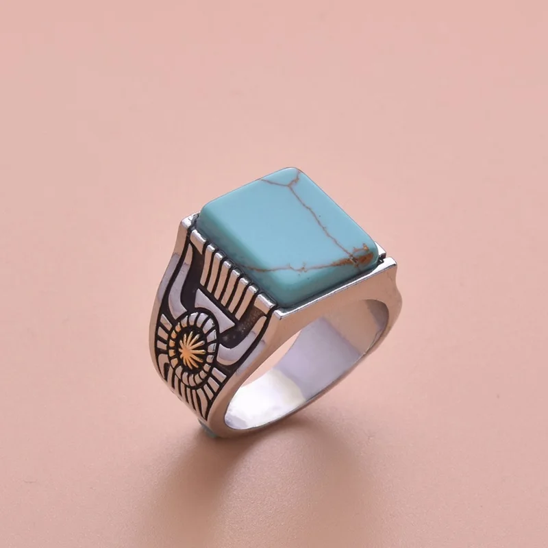 silver green gold OMHXZJ Европейская мода Горячая Женская Вечеринка день рождения свадебный подарок винтажное квадратное бирюзовое 925 пробы Серебряное кольцо RR1015 - Цвет камня: silver green gold