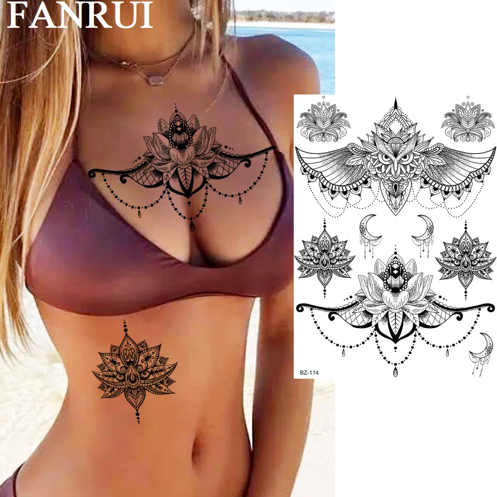 Женские Временные татуировки FANRUI Owl Lotus Mehndi фальшивые с кулоном черная хна