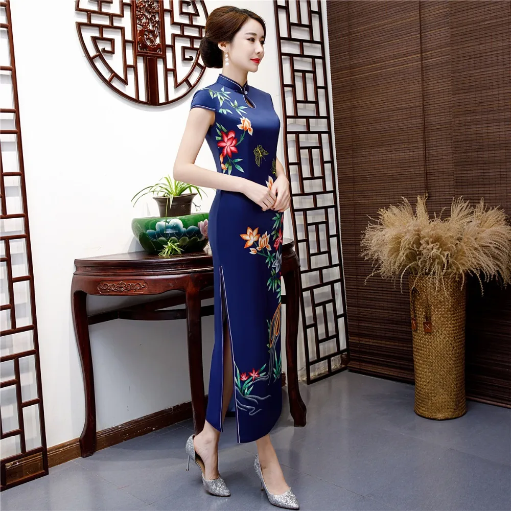 Шанхай история искусственного шелка Qipao Платье длинное Cheongsam национальный тренд платья короткий рукав тонкий Традиционный китайский платье для женщин