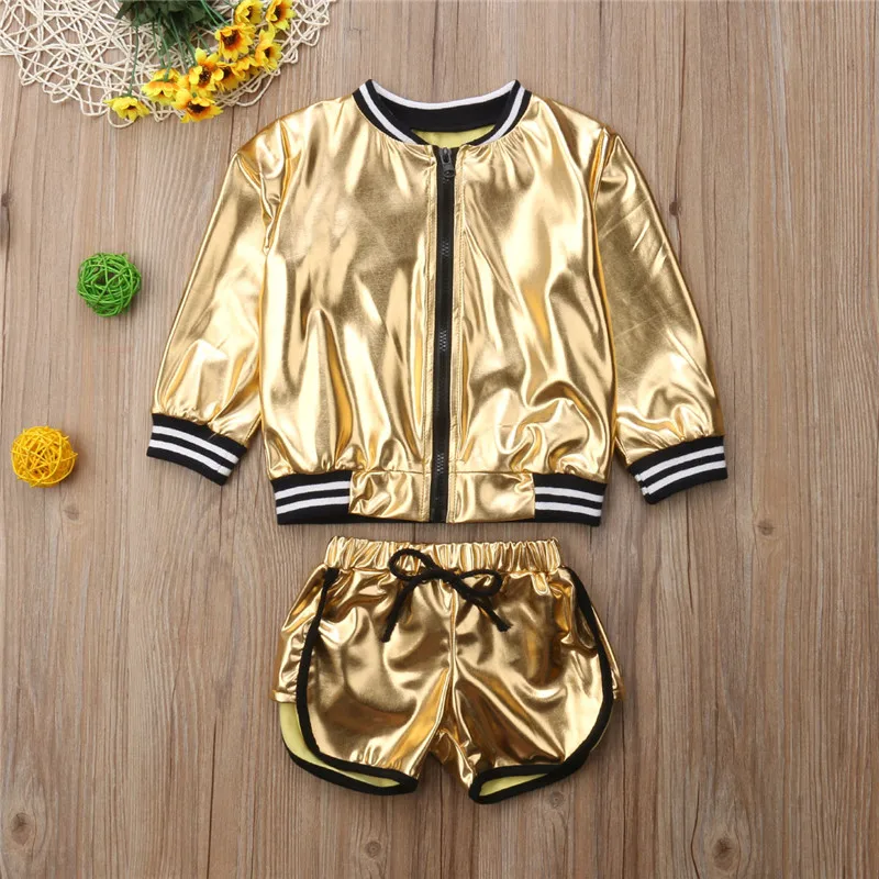 arrival Toddler Baby Girl Clothes Set Autumn Long Sleeve Gold Shining Zip Top Coat Jacket Shorts Girls Clothing 2Pcs Outfits | Мать и