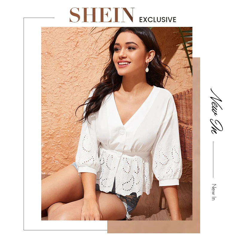 SHEIN белая блузка с вышивкой, на пуговицах, с v-образным вырезом, летние, с пышными рукавами,, Boho, Женские топы и блузки
