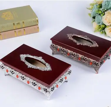 

luxurious hollow wood tissue box with Imitation diamond inlay metal napkin holder tissue box holder for serviette pa ZJH044