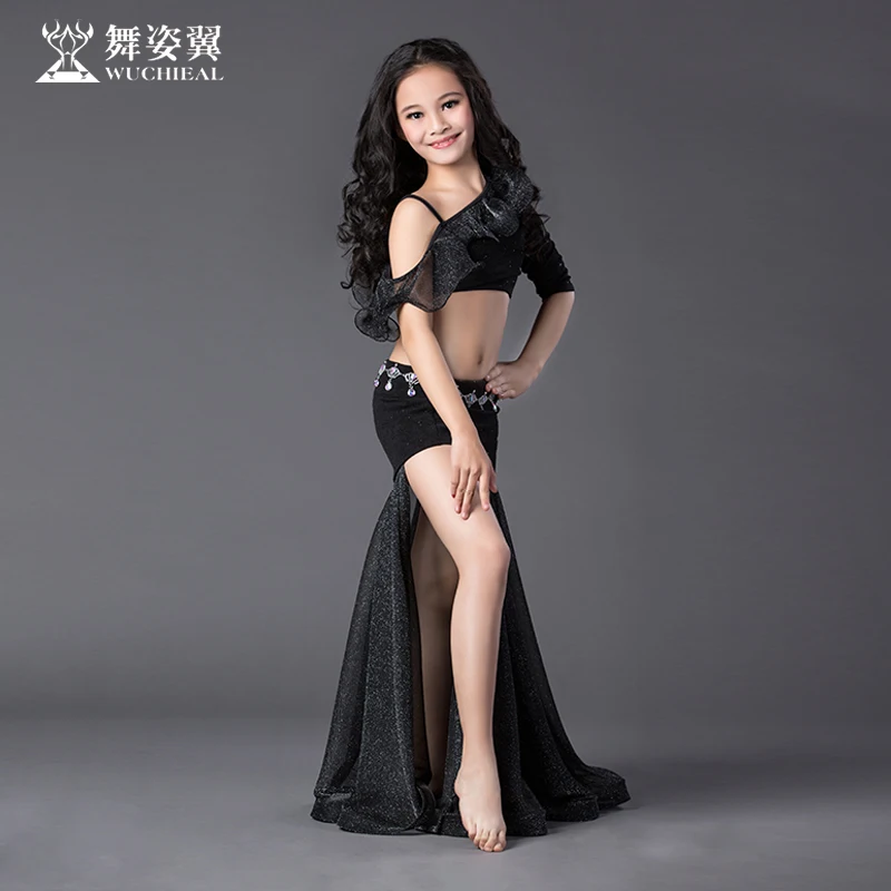 top and 2 skirts Детский костюм для танца живота для девочек, Восточный живот, качающийся балади, танцевальный костюм для восточных индийских танцев, браллет и юбка на поясе, платье, комплект - Цвет: top and 2 skirts