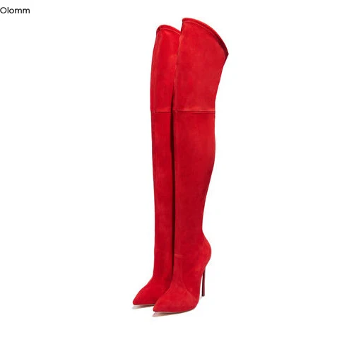 

Olomm Women Over The Knee Flexible Boots Stiletto Metal Heels Boots Nice Pointed Toe Black Red Party Shoes Women US Size 3-13