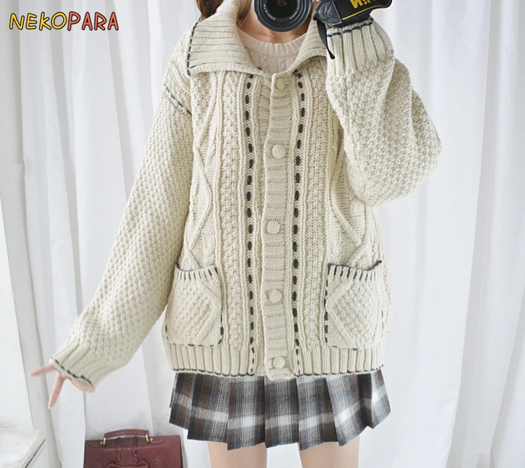 Wool Blend Vintage Winter Warm Loose Sweater Long Sleeve Twisted Knitted Cardigan Pockets Color Beige |