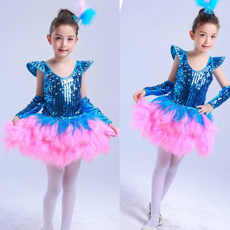 Blue Pink New kids ballroom dress dance costumes Girls Sequined jazz hip hop dancing For Child Stage Party Outfits | Тематическая