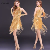 cacare latin dance dress women samba salsa tango dance dress flapper d0045 gold with sequins tassels necklace gloves