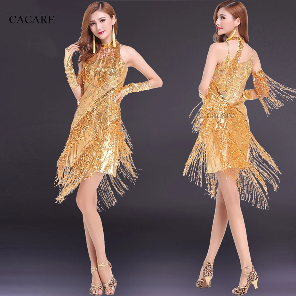 CACARE Latin Dance Dress Women Samba Salsa Tango Flapper D0045 Gold with Sequins Tassels Necklace Gloves | Тематическая одежда и