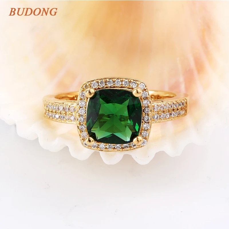 2017 BUDONG Chic Bling женское кольцо золотого цвета для женщин принцесса Зеленый Кристалл