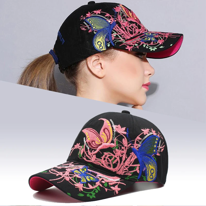 

Female Fashion Flowers Butterfly Embroidery Cotton Baseball Caps Summer Women Adjustable Snapback Hat Hip Hop Fitted Cap Bone