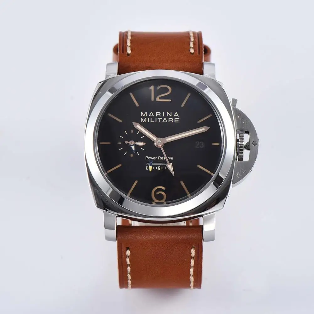 Серый Parnis 47 мм Чайка механизм черный циферблат резьба Военная Механическая Кожа ручной обмотки часы Флоранс - Цвет: Серый