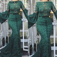 superkimjo flare sleeve evening dresses long 2019 hunter green mermaid lace applique evening gown robe de soiree