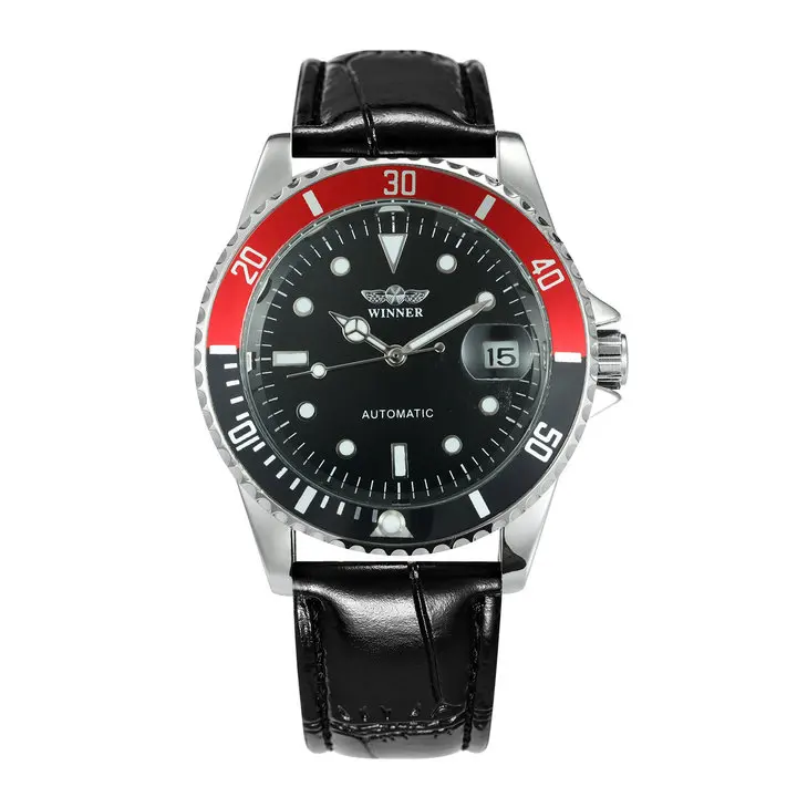 BLACK RED BLACK WINNER официальный бренд роскошные классические часы автоматические механические часы для мужчин кожаный ремешок Дата дисплей спортивный стиль наручные часы - Цвет: BLACK RED BLACK