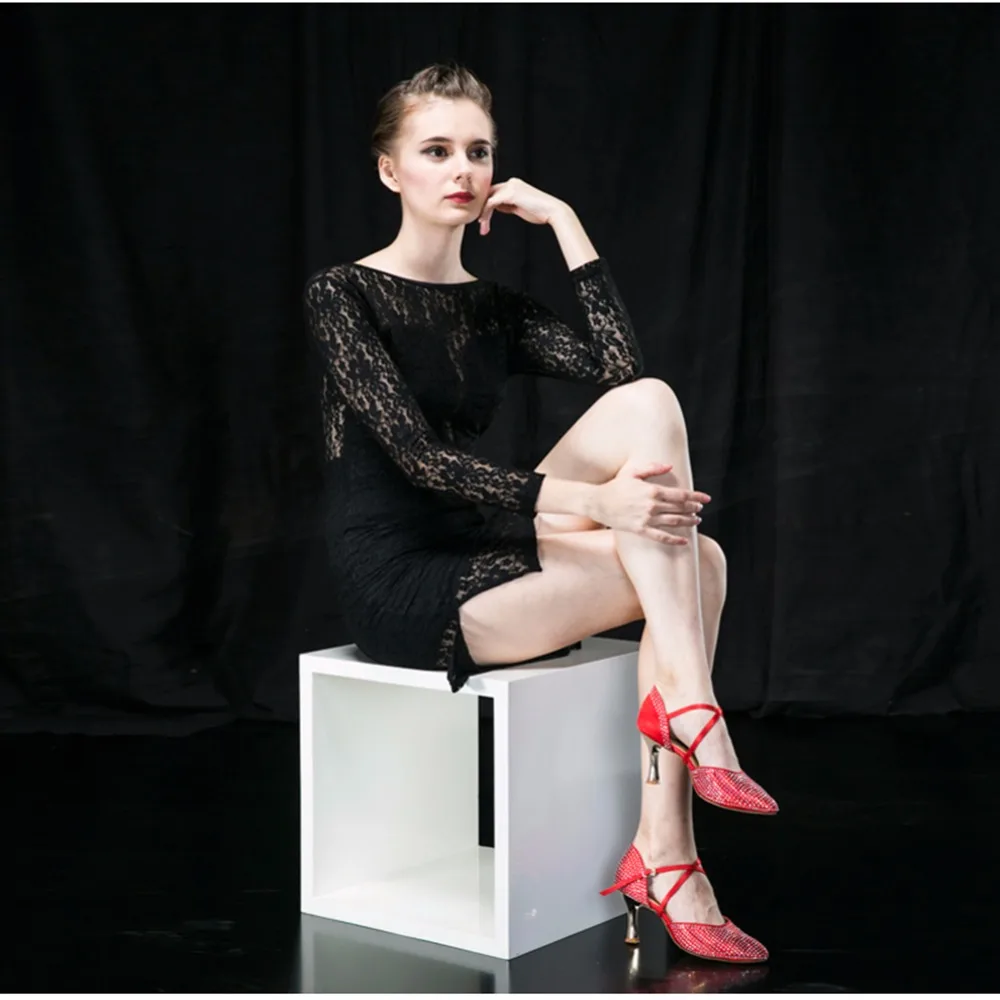 Дамы Туфли для латинских танцев 7 см каблуке со стразами мягкая подошва Атлас