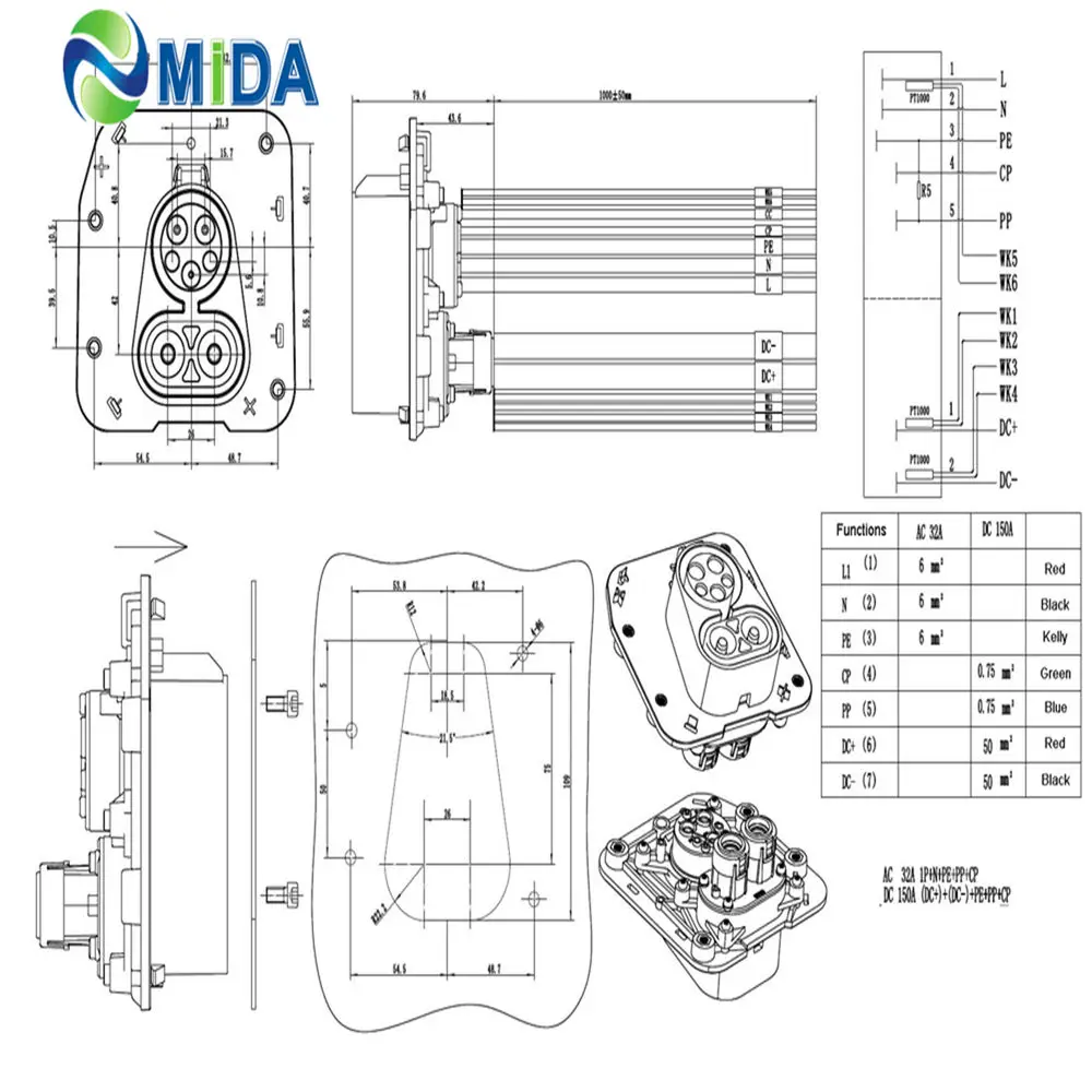 150Amp SAE J1772 Combo 1 CCS тип розетка IEC 62196 3 зарядное устройство для электромобиля AC 63A DC 150A
