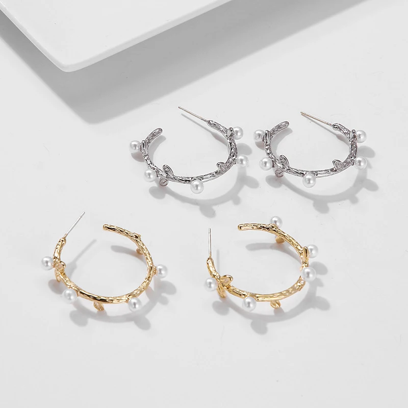 SRCOI Vintage Japan Korean Imitation Pearls Hoop Earrings C-shaped Circle Women Bride Wedding Earring 2020 | Украшения и