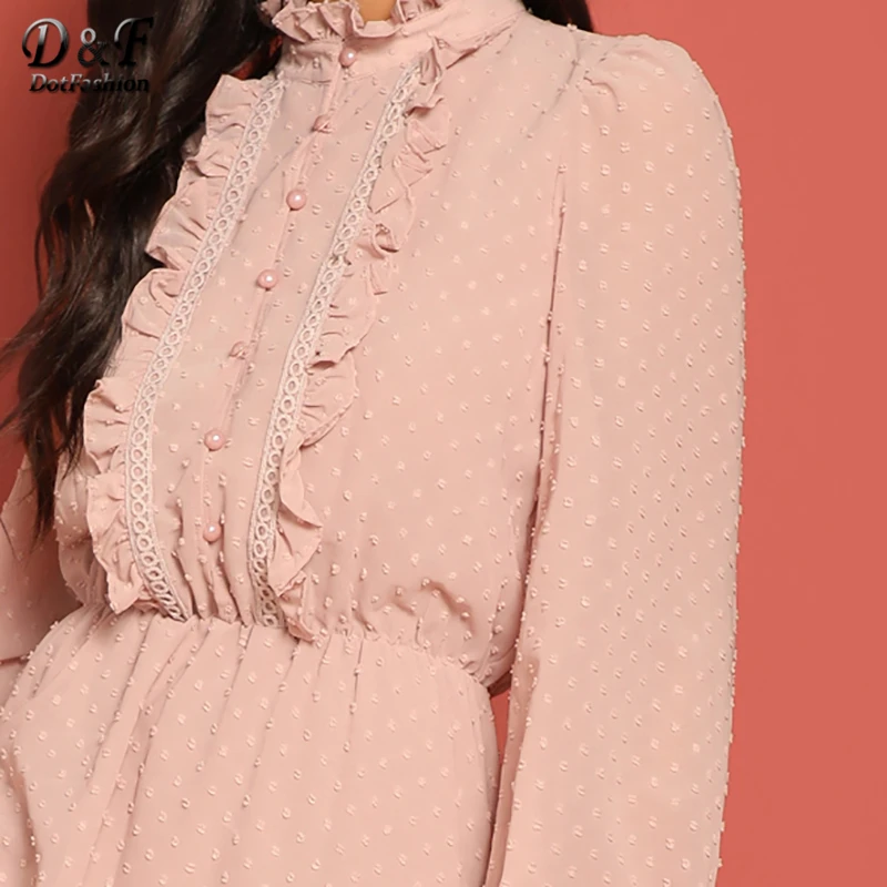 Dotfashion, розовое кружевное платье с оборкой, с половинной планкой, в горошек, жаккардовое платье для женщин,, романтичное весеннее платье с длинным рукавом, ТРАПЕЦИЕВИДНОЕ ПЛАТЬЕ С Высокой Талией