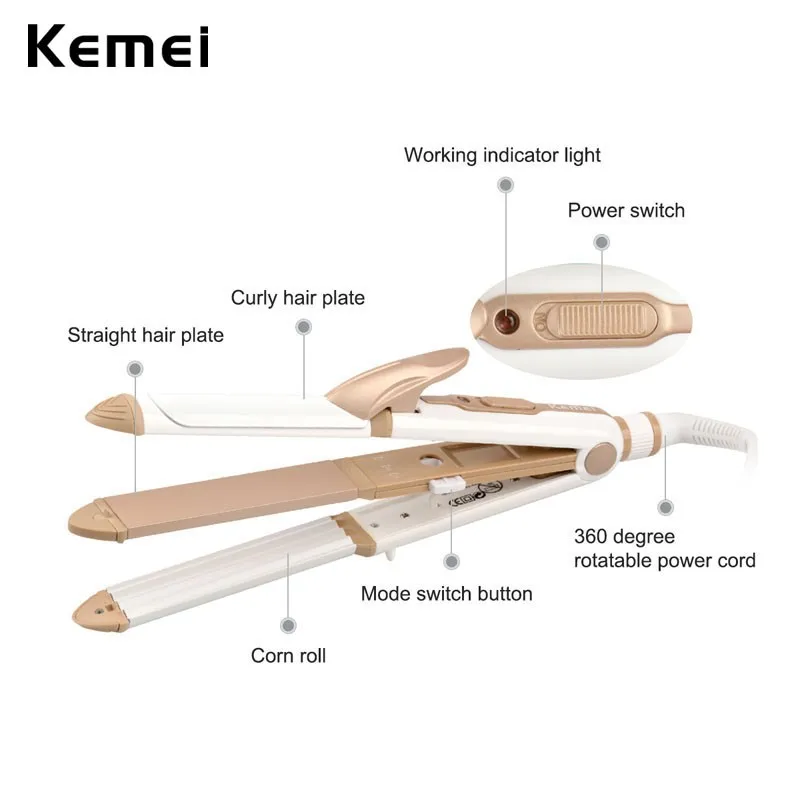 KeMei 3в1 Многофункциональный плойка гофрированный плоский утюжок выпрямитель для волос с европейской вилкой щипцы для завивки волос кукурузная пластина ролик с подогревом KM1213