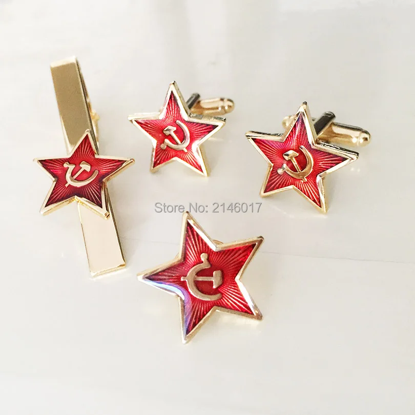 Communism Soviet Union Ussr Cuff Link and Tie Clips Souvenir Lapel Pins Badge Russia Red Star Hammer Sickle Cufflinks Cold War