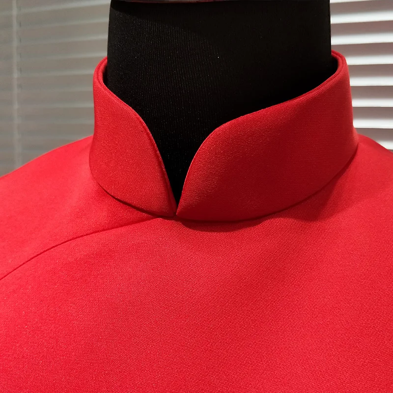 2018 китайские дизайнеры Lucury красные платья с высокой вышивкой воротник стойка