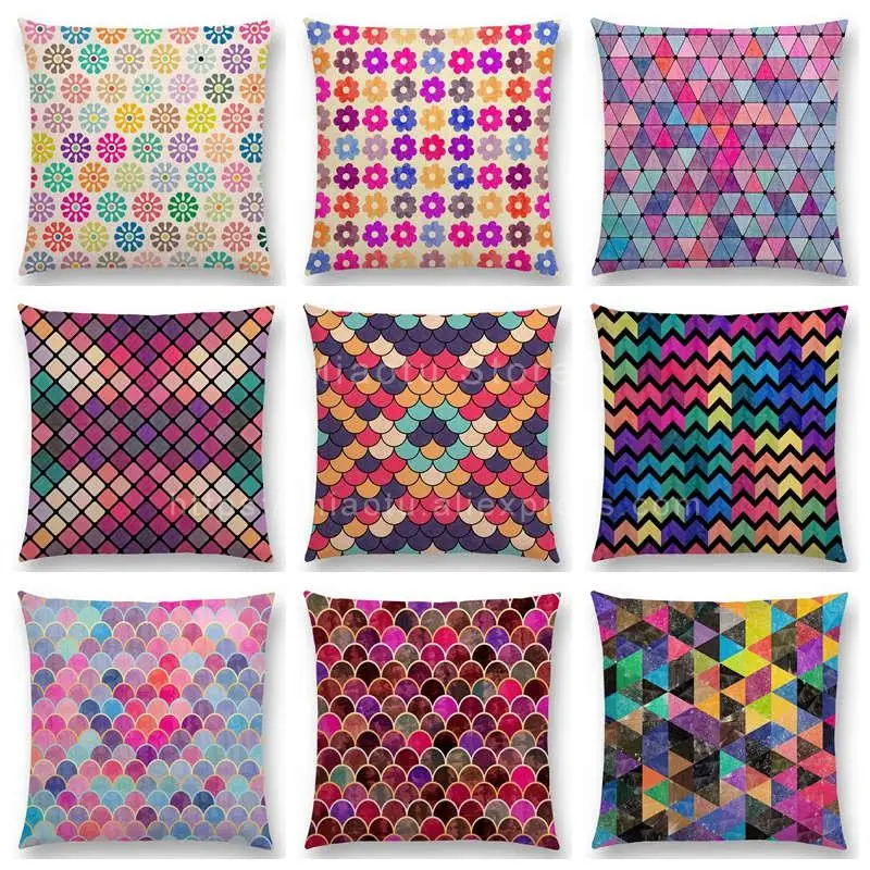 Lovely Geometric Pattern Cushion Cover Pastel Triangles Diamond Colorful Flowers Dots Stars Rainbow Wave Sofa Throw Pillow Case | Дом и сад