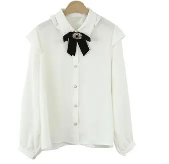 black tie shirt Шифоновая Блузка принцессы с галстуком-бабочкой и рюшами на подоле, женская рубашка с длинным рукавом, Женская сорочка - Цвет: black tie shirt
