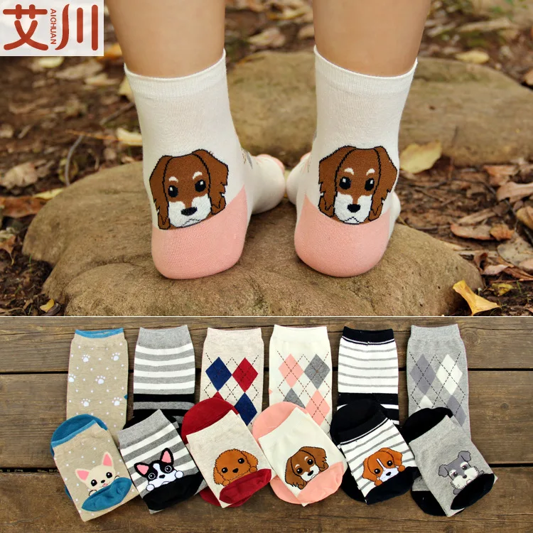Фото 6 цветов женские Носки с рисунком собаки хлопчатобумажные забавные носки