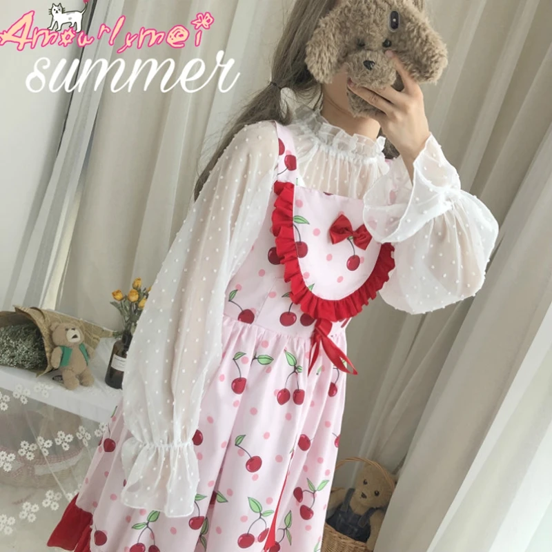 Японское Kawaii милое платье принцессы Лолиты без рукавов с высокой талией милое клубничное Вишневое платье с принтом летнее платье Mori на девочку