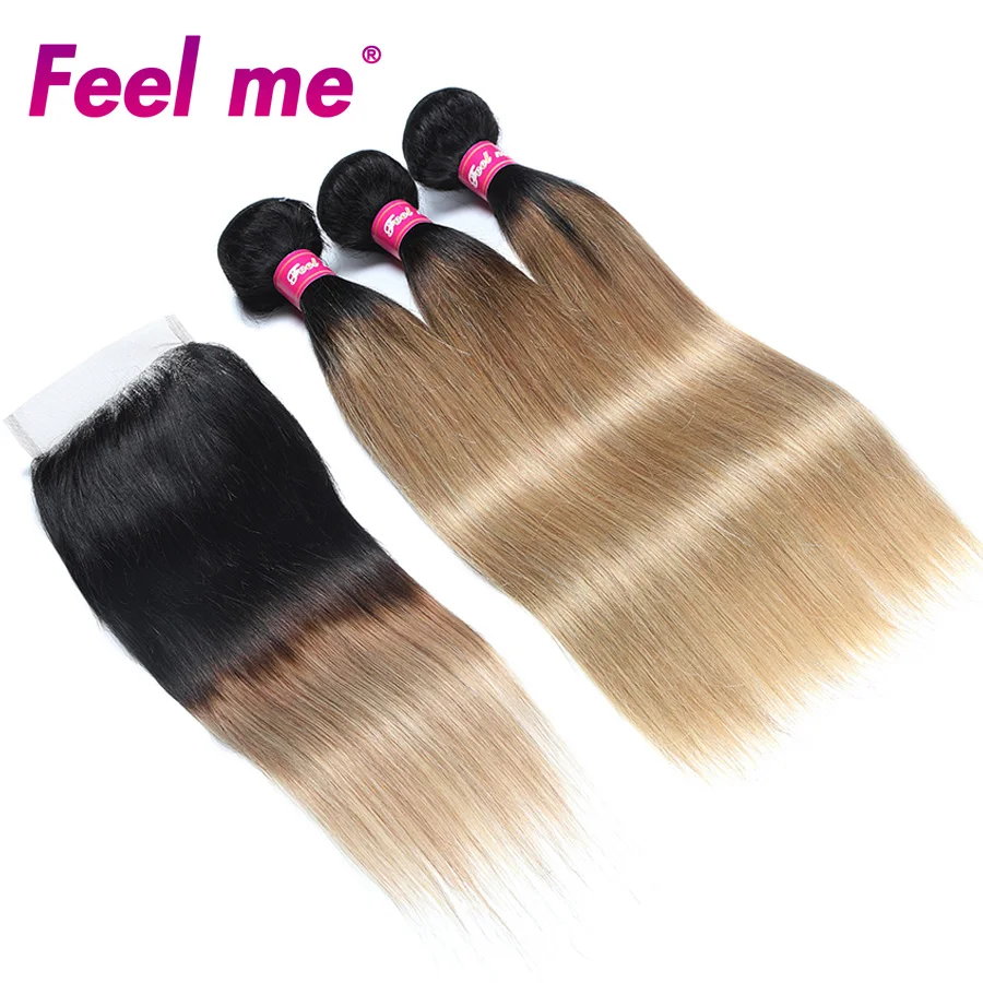 FEEL ME 3 пучки волос Ombre натуральные волосы Связки с закрытием T1B 27 Мёд блондинка
