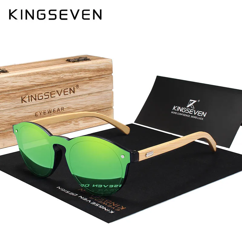 Green Bamboo KINGSEVEN Солнцезащитные очки Мужские бамбуковые солнцезащитные очки женские брендовые дизайнерские оригинальные деревянные очки Oculos de sol masculino - Цвет линз: Green Bamboo