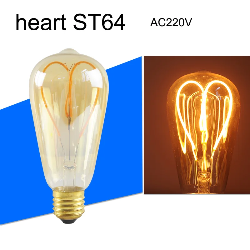 Светодиодный лампы E27 Ретро лампа накаливания диммируемая СВЕТОДИОДНАЯ Лампа 220 V Праздничные огни A60 ST64 G80 G95 G125 3D лампы светодиодные украшения Рождественские украшения - Испускаемый цвет: Heart