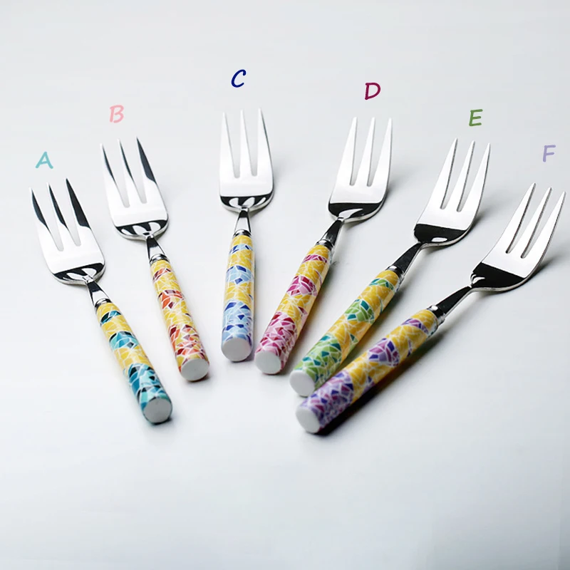 6 Pcs Cybil Colorful Geometric Pattern Stainless Steel Forks with Ceramic Handle for Tea and Cake Dessert 15cm | Дом и сад