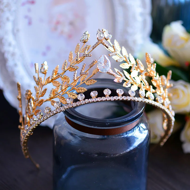 Himstory Luxurious Gold Wedding Crown Tiaras Cubic Zirconia Girls Olive Branch Headband Bridal Hairwear Accessories | Украшения и