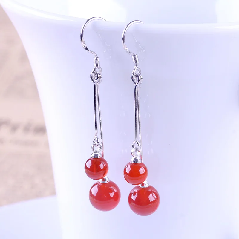 

MEYRROYU 925 Sterling Silver Simple Lucky Red Bead Pendant Earrings Ladies Exquisite and Elegant Charm Jewelry