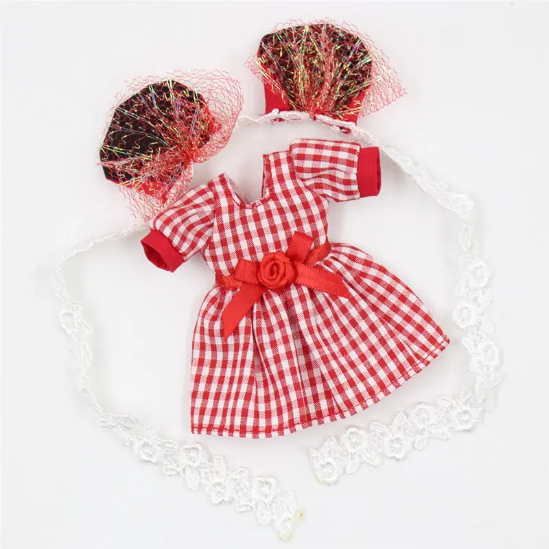 Наряды для Middie Factory Blyth doll Красное платье в клетку с лентой для волос костюм для 20 см BJD - Цвет: like the picture