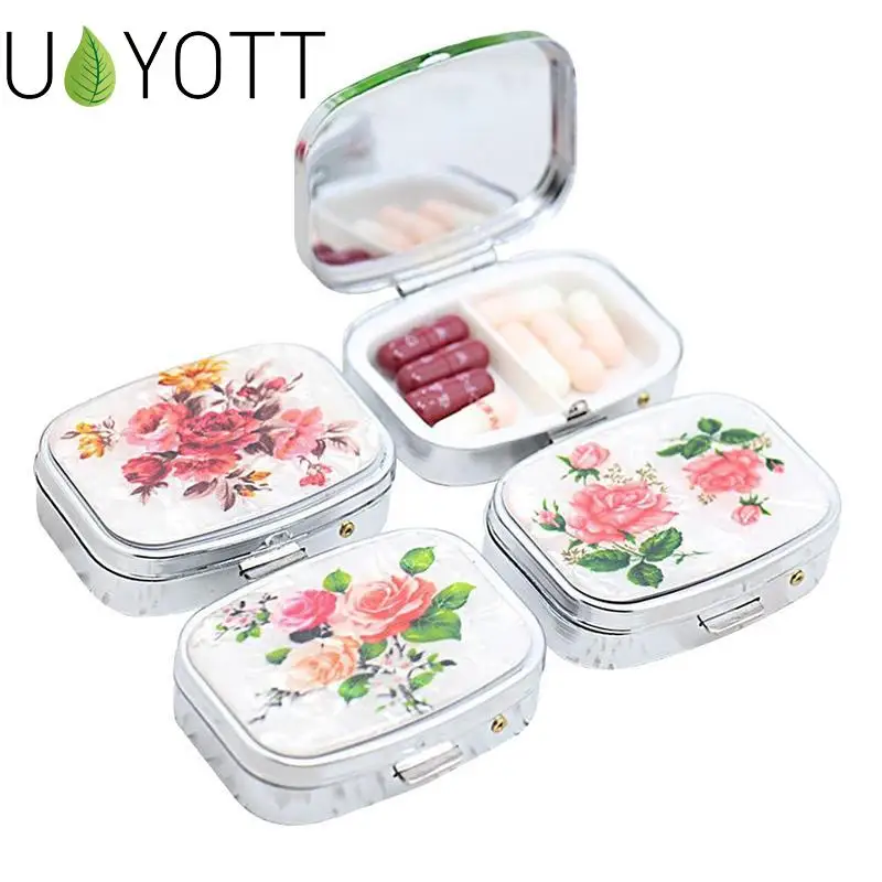 Металлический прямоугольный серебристый контейнер для таблеток с цветочным