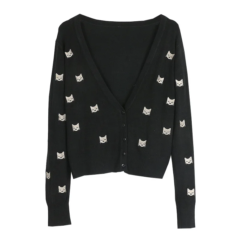 High End Quality 2018 New Autumn Style Long Sleeved V-neck Slim Cat Embroidered Short Knitted Cardigan Red Black White Sweater |