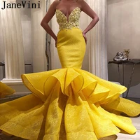janevini lange jurk yellow lace evening dresses elegant arabic long evening gowns mermaid flowers tiered party dress zipper back