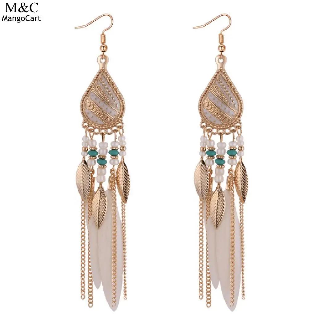 2018 перо кисточкой длинные серьги для женщин крошечные бусины Листья Шарм можная
