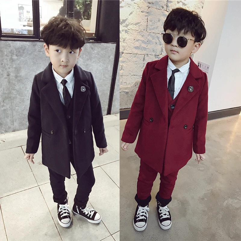 3 sets of children's clothing winter boy's 2019 new product plus cotton woolen long coat vest pants three-piece |