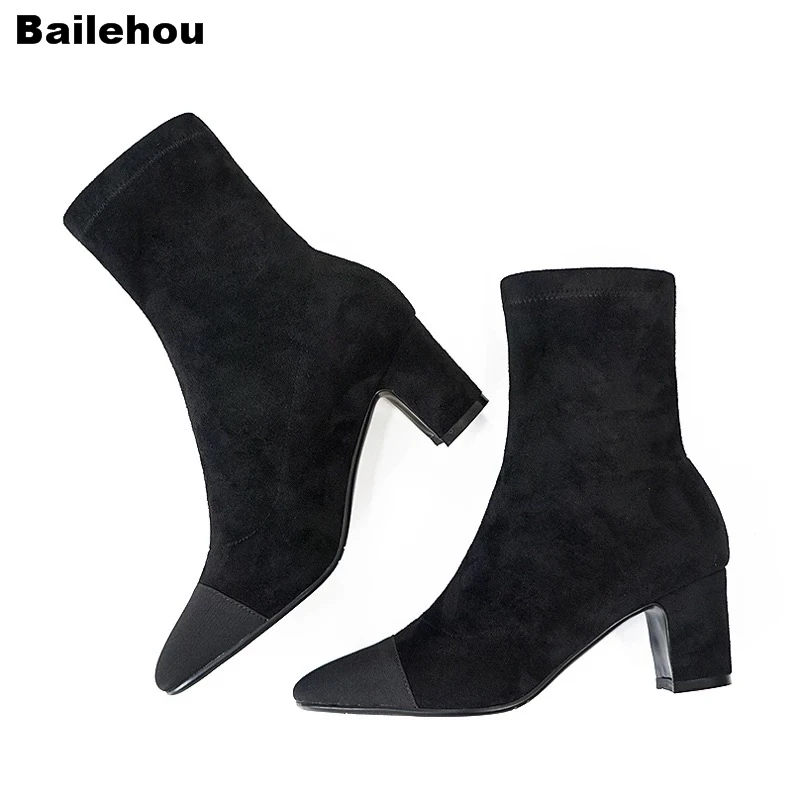 Bailehou/женские ботильоны на толстом каблуке; женские брендовые Полусапожки без шнуровки; однотонные модельные мотоциклетные ботинки; botas mujer; обувь с эластичным носком
