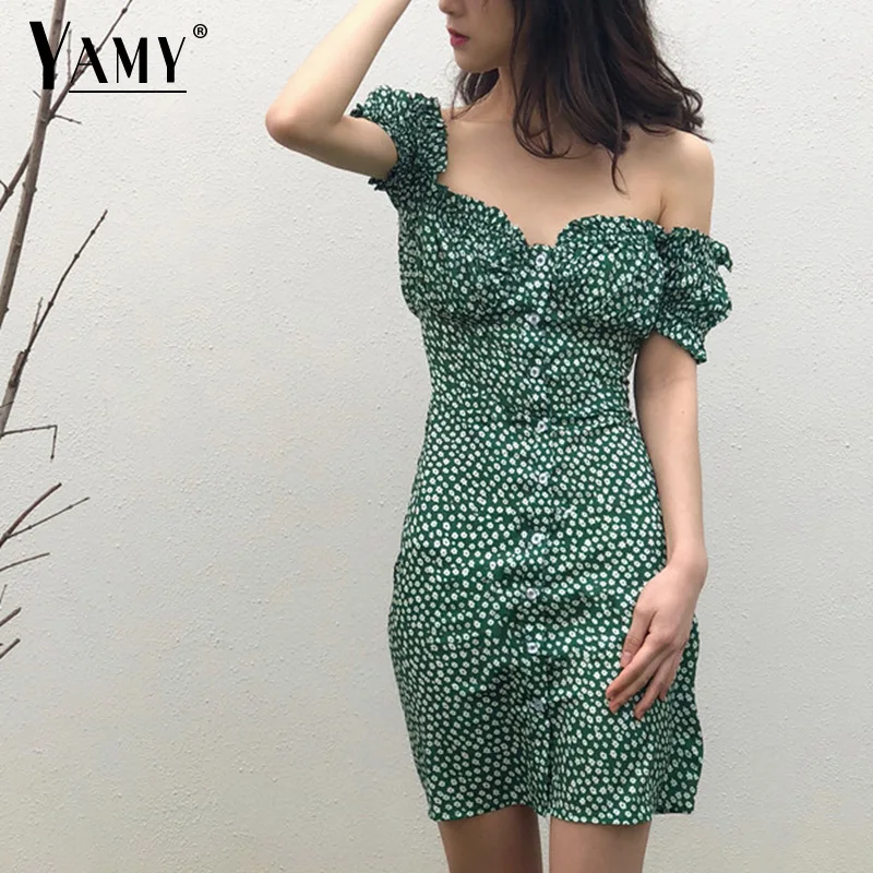 Пляжное повседневное летнее платье с оборками boho kawaii зеленое цветочное мини сексуальное Клубное платье с открытыми плечами богемное корейское короткое платье vestidos